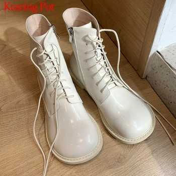 

Krazing Pot vintage genuine leather sweet cute design short boots low heels round toe winter style brand lace up ankle boots L21