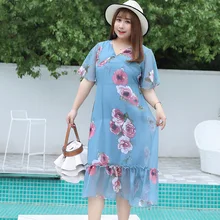 Новинка лета, платье большого размера, шифоновое платье, милая элегантная юбка, корейский стиль, платье для полных мам, 1223