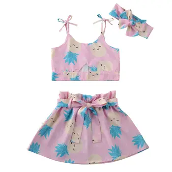

2020 Kid Baby Girl Pineapple Print Clothes Sets Sleeveless Sling Tops+A-Line Skirt+Headband Clothes Sunsuit