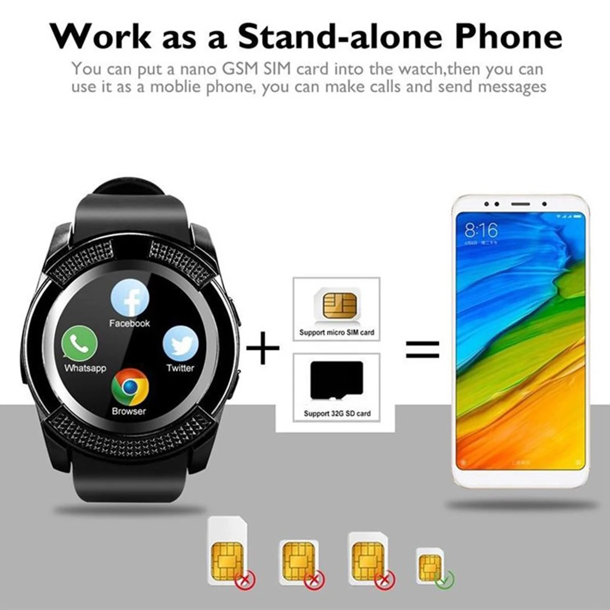 V8 relógio inteligente bluetooth chamada de fitness