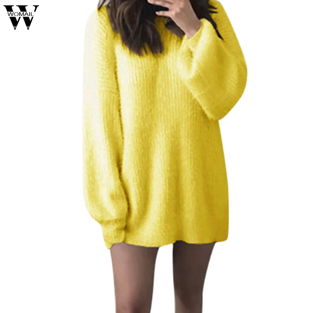 Womail женский свитер с высоким воротом, однотонный, круглый вырез, свободный, вязаный, теплый, длинный втулка, свитер, свитер для женщин S/M/L/5XL