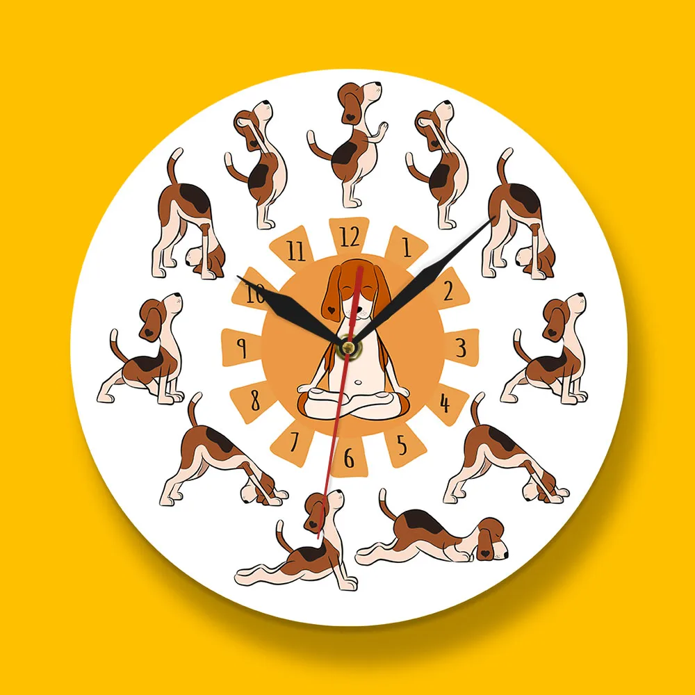 Настенные часы для собаки, йоги, Surya Namaskara Beagle, бесшумные современные Мультяшные часы, декор для медитации, Студия йоги, расслабляющий Саат, подарок