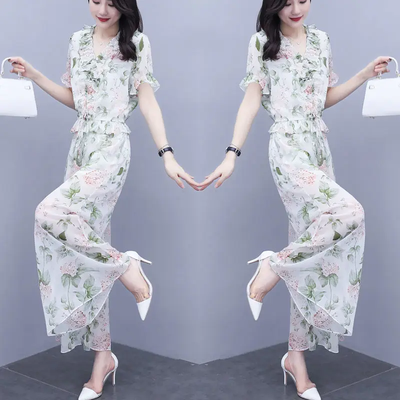 

Floral Chiffon Wide-Leg Trouser Suit Women New Summer Style Lantern Sleeve Slim Two-Piece Set Elastic Waist Ruched V-Neck Blouse