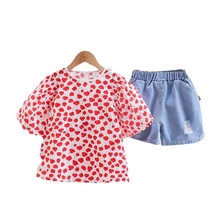 Ropa de verano para niñas pequeñas, traje de moda para niños, camiseta de dibujos animados, pantalones cortos, 2 unids/set/conjunto, chándal informal para niños
