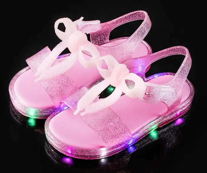 MERI AMMI LED Light Up Baby Girls Soft Shoes PVC Bowknot Shoes Cute Sandals 130-155mm children's shoes for high arches