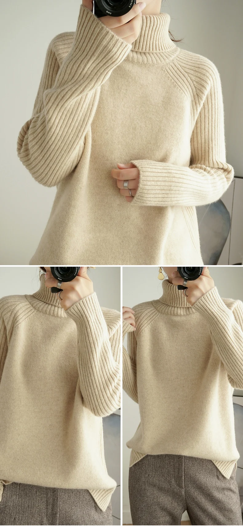 Zocpt осень зима чистый шерстяной пуловер, свитер женский шикарный Высокий воротник Повседневный наружный свитер большой размер свободный женский шерсть