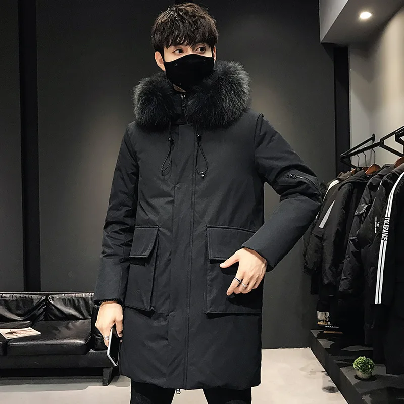 Пуховик Для Мужчин's средней длины Slim Fit большой меховой воротник плотное пальто молодежная мода теплые сапоги выше колена, верхняя одежда