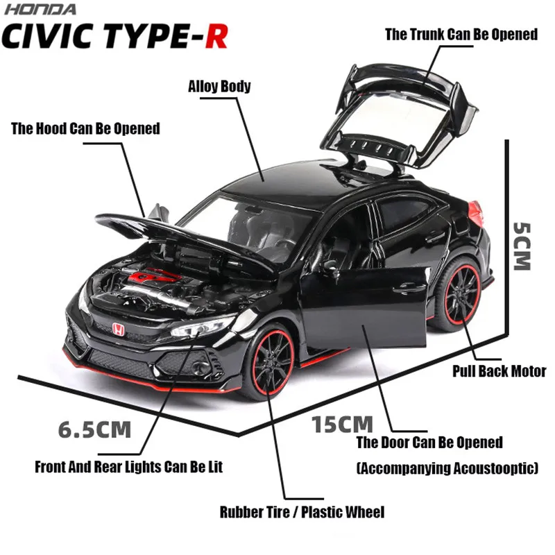 Новинка 1:32 Масштаб HONDA CIVIC TYPE-R автомобиль металлические Игрушки Diecasts и игрушечные автомобили Модель автомобиля Звук Свет Высокая Игрушечная машина игрушки для мальчиков