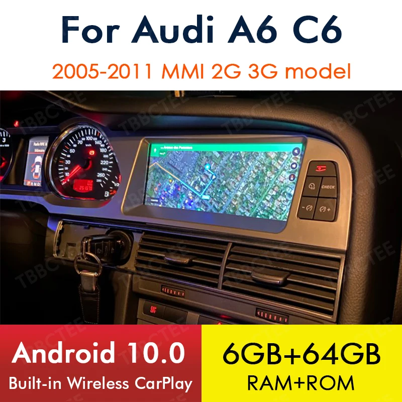 Android 10 Wireless CarPlay 6+64GB For Audi A6 C6 4f 2005~2011 MMI 2G 3G Car Multimedia Player GPS Navi Stereo WiFi Bluetooth