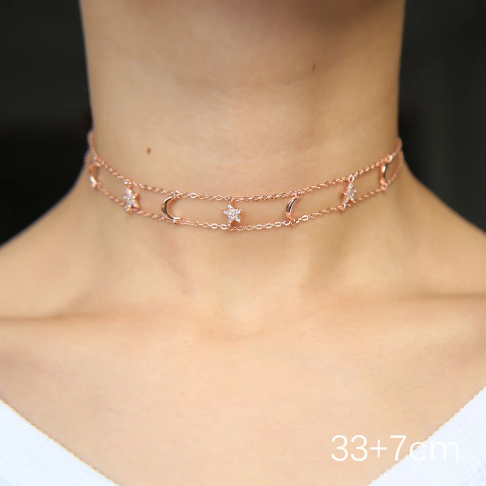 Rose gold Cz луна звезда оберег ожерелье золотой розовый серебряный цвет Весна чокер двойная цепь нежный Искрящийся cz ожерелье с Луной и звездой - Окраска металла: Rose gold