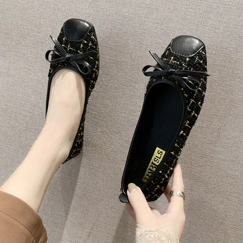 

2020 Spring Women Flats Square Toe Slip on Shoes Woman Ballet Flats Jacquard cloth Plaid Boat Shoes Ladies zapatos mujer 7970N