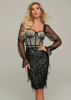 

New Arrival Black Dress Elegant Long SLeeve Bodycon Night CLub Celebrity Party Dress Sexy Vestidos