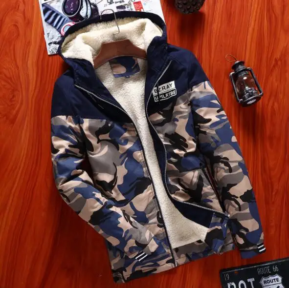 

Men's Jacket Autumn Winter Youth Camouflage Hooded Cotton Casual Jacket Men Plus Velvet Thick Winter Coat