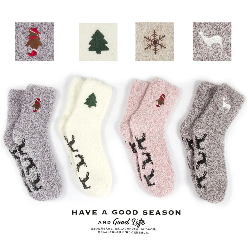 

SP&CITY Christmas Moose Non-slip Winter Socks Women Christmas Embroidery Patterned Coral Velvet Floor Cute Socks Keep Warm Sock
