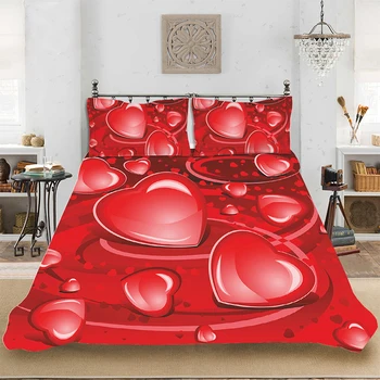 

Bedding set Bedclothes Include Duvet Cover Pillowcase Print Home Textile Bed Linens Classic Red Heart Soft Comforter King-Full
