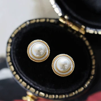 

LAMOON Silver 925 Pearls Stud Earrings for Women Wedding Vintage Palace Style Jewelry 14K Gold Plated LMEI088