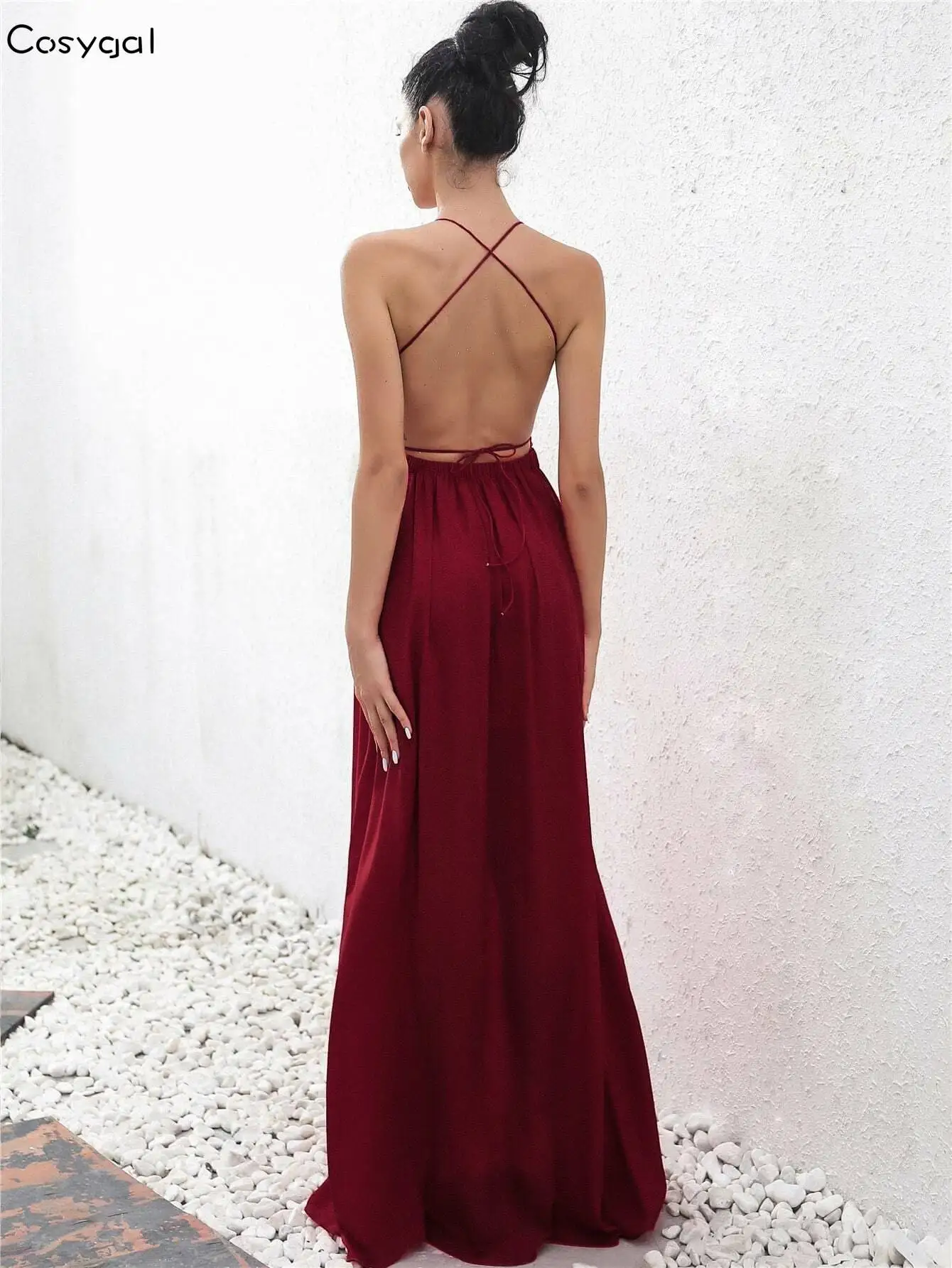 Joyfunear Crisscross Tied Backless Plunging Neck Split Thigh Dress