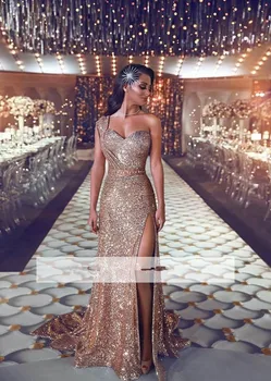 

Sexy Evening Dresses A-line One-shoulder Sequins Crystals Sparkle Slit Long Evening Gown Prom Dresses Prom Gown