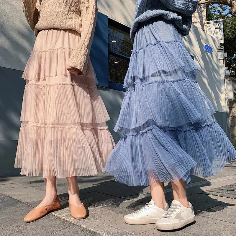 

INS Spring Gauze Cake Skirt Pleated High-waisted Mid-length