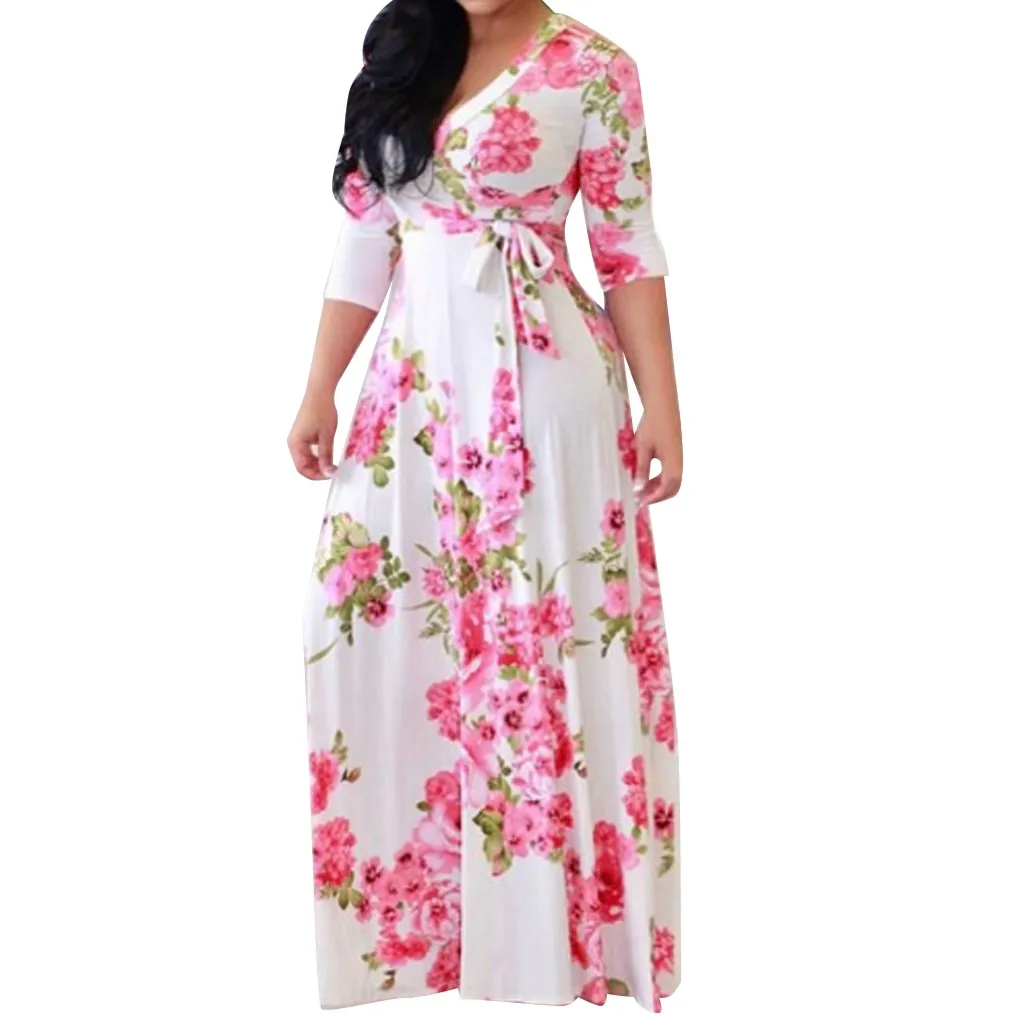 

SAGACE Women's Floral Boho Long Sleeve Bandage Print V Neck Down Casual Long Dress Loose Polyester Full sexy Dress hot July 30
