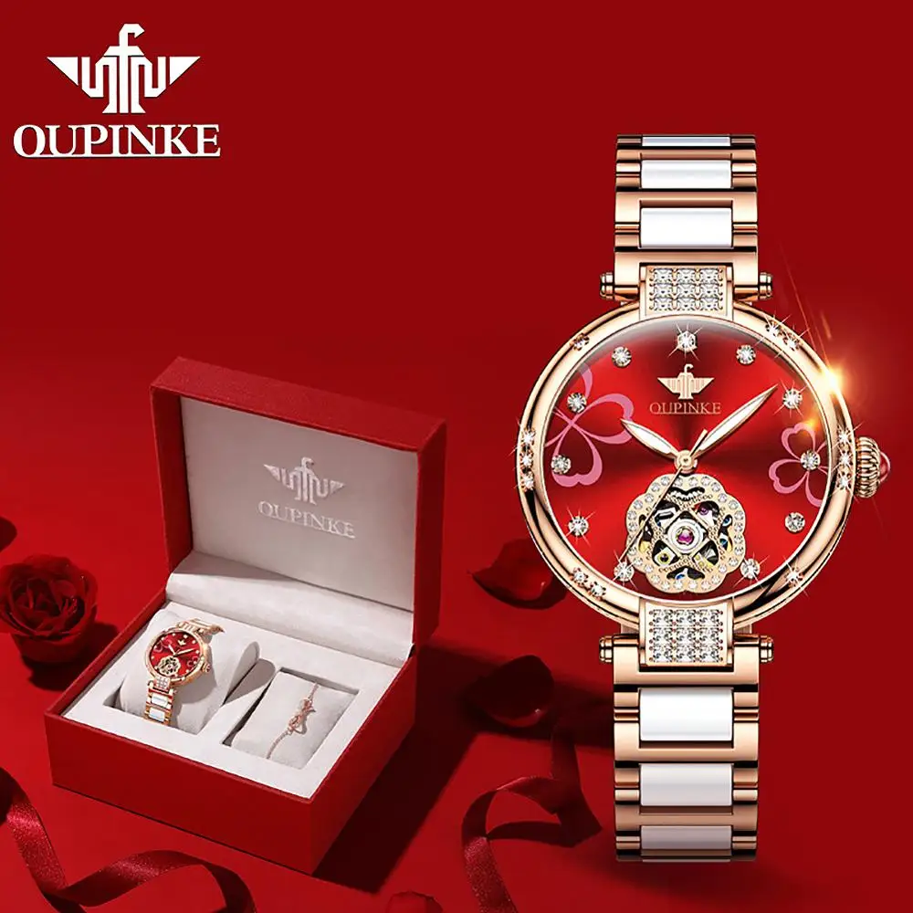 OUPINKE-reloj mecánico de moda para mujer, pulsera de diamante con zafiro de cerámica automático, resistente al agua, regalo para mujer 3183