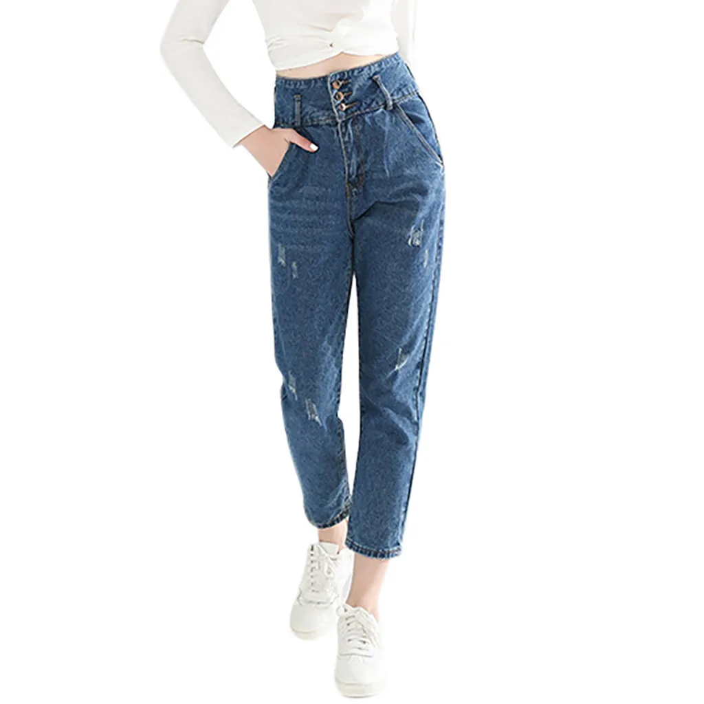SAGACE классические женские джинсы с карманами и пуговицами, высокая талия, женские повседневные свободные брюки карандаш, сплошной цвет, высококачественный синий