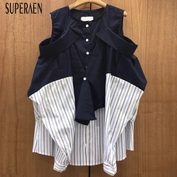 

SuperAen Striped Long-sleeved Shirt Women2020 New Spring and Autumn Ladies Blouses and Tops Korean Style Women Clothing