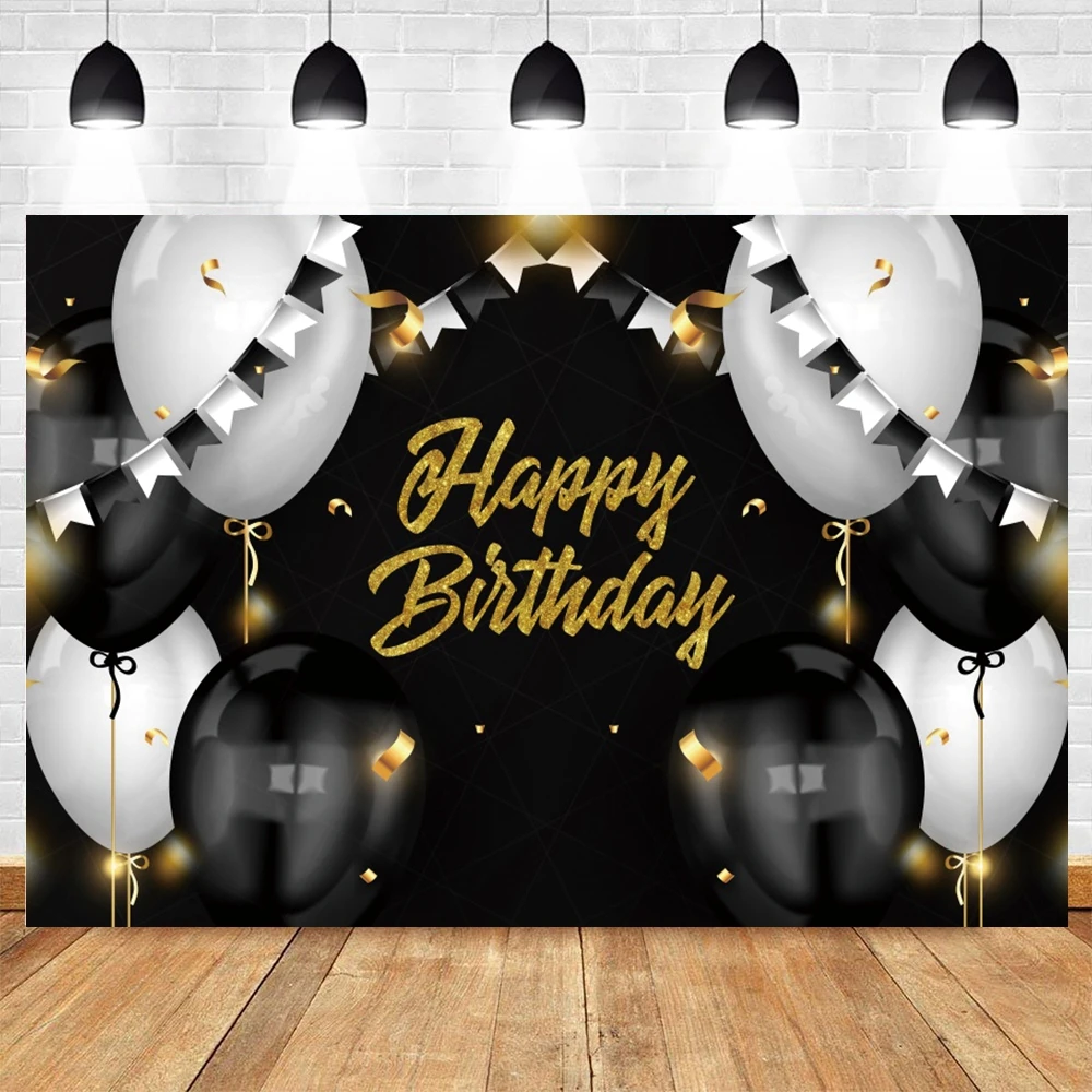 

Aldult Happy Birthday Party Photography Background Gold Silver Balloon Customizable Text Black Backdrop For Photo Studio Shoot