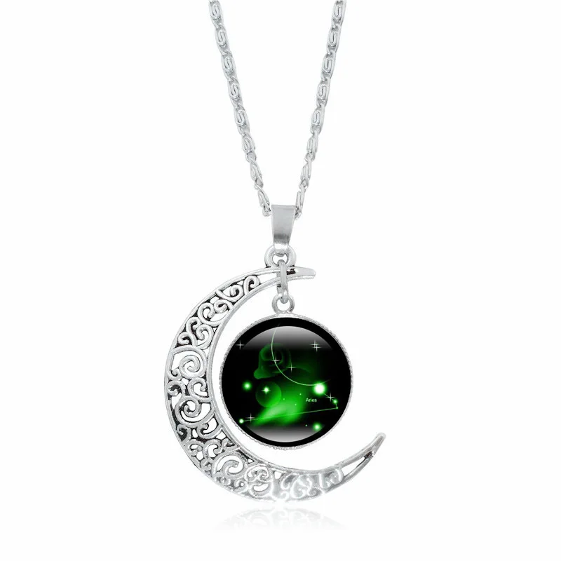 

12 Constellation Collares Silver Crescent Moon Pendant Glass Cabochon Zodiac Jewelry Men Women Creative Birthday Gift