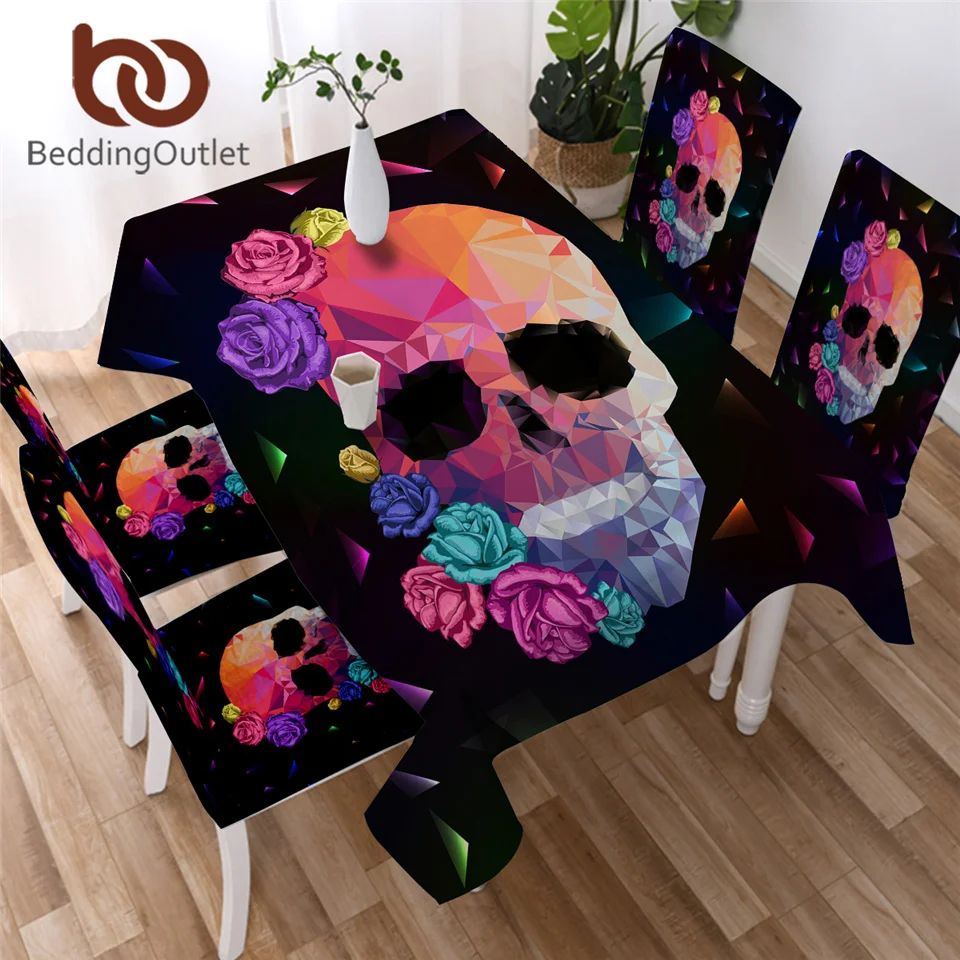  BeddingOutlet Geometric Skull Tablecloth Gothic Colorful Waterproof Table Cloth Rose Floral Decorat