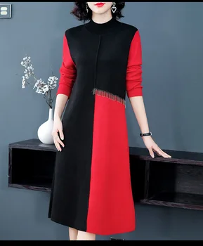 

Winter Dress Women 2019 Stand collar Long-sleeved Fashion Patchwork Loose Waist A-Line Plus Size Knitted Sweater Dress Hot Sale