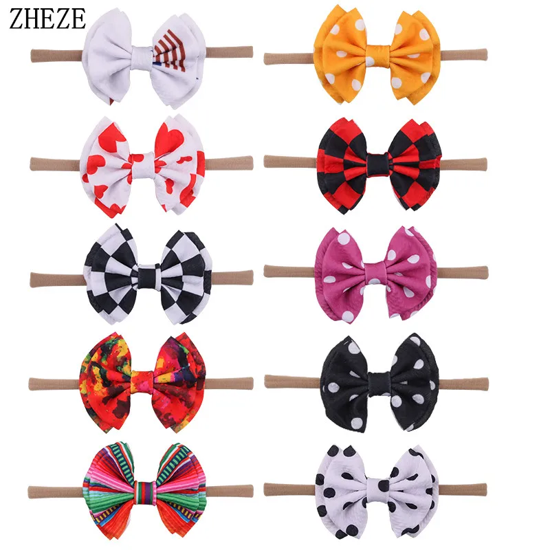 10Pcs/Lot Promotion 4'' Waffles Hair Bow Hairband For Girls Print Nylon Headband Texture Elastic Kids DIY Hair Accessories Femme cuesoul nylon 10pcs lot 13mm cue tips for billards cues pool cue tips free shipping