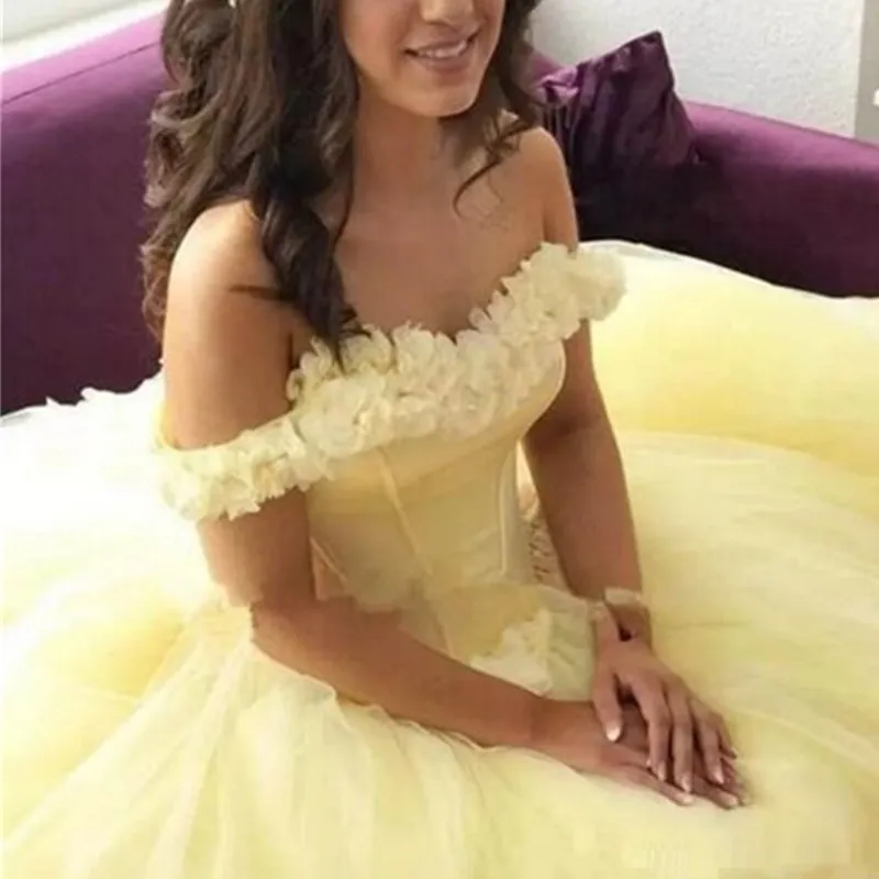 Элегантные платья Quinceanera желтого цвета с открытыми плечами 3D Цветочные аппликации бальные платья новое поступление сладкий 16 Платье Дешевое выпускное платье