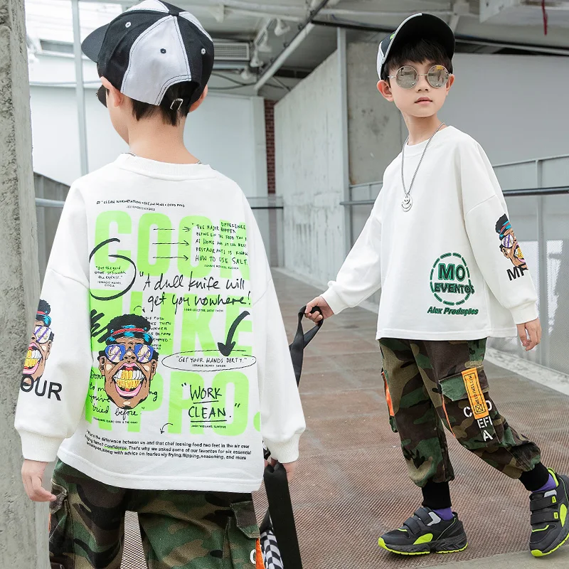 Boys Clothes Cartoon Print Sweatshirts 3 to 13 Yrs Cotton White Black Sweater Spring Autumn Children's Pullovers Son Letter Tops