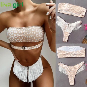 

2020 sexy Bikini Set Swimwear With Tassel Women High Waist Padded Swimwear Summer Brazilian Beachwear Biquini Swimsuit Beachwear