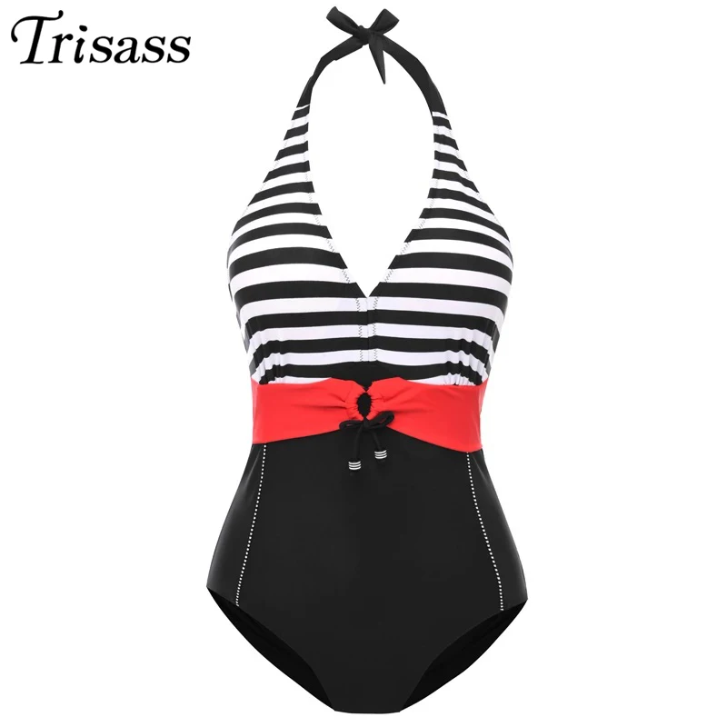 

Trisass 2021 New Plus Size One Piece Swimwear For Women Bandage Swimsuit Striped Bathingsuit Vintage Tankini Ladies Monokini