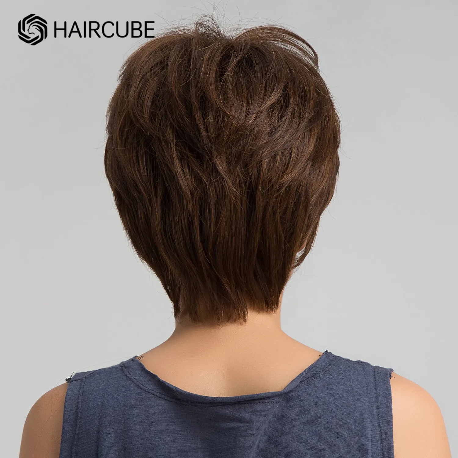 HAIRCUBE-Peluca de cabello humano para mujer, postizo corto con flequillo, corte Pixie en capas, color marrón Chocolate, Natural, suave, resistente al calor