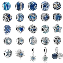 Зимний S925 Серебряный Синий ледяной Шарм кубик яркая звезда голубая Снежинка Шарм искрящееся сердце Шарм Fit Pandora браслет для женщин