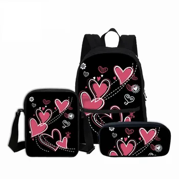 

VEEVANV School Bags 3 Pcs/set Love Heart 3D Printing Backpack Cute Girls Mochila Chirldren Backpacks Canvas Combination Packages