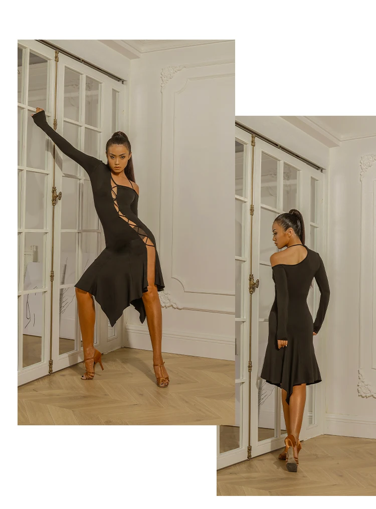 Новое латинское танцевальное бальное платье сальса платья для женщин танцы сексуальные нерегулярные Сплит с длинным рукавом халат De Danse латин DWY2347