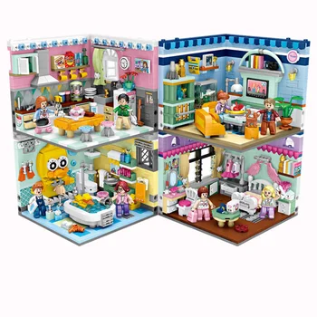 

4in1 City street view house scene Girls living Shower room Kitchen mini block figures building bricks educational toys for gifts