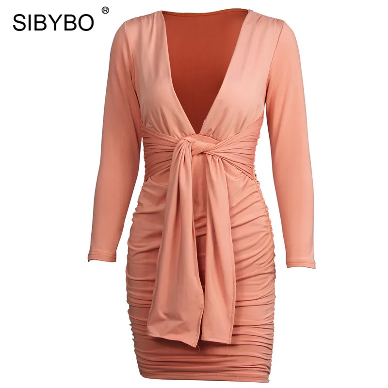 SIBYBO с глубоким v-образным вырезом, плиссированное сексуальное облегающее платье, модное мини-платье с длинным рукавом, Осеннее женское платье, одноцветное повседневное женское платье на шнурке