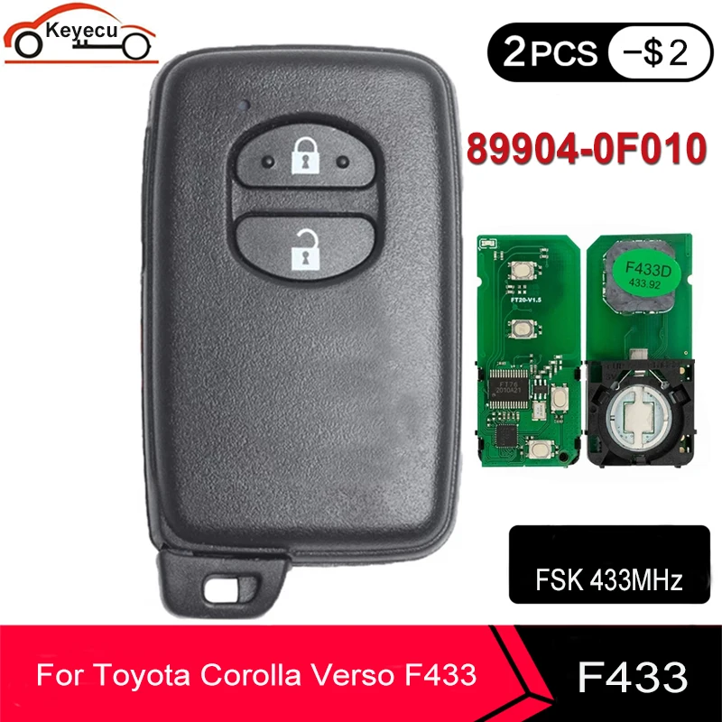 

KEYECU Keyless Go 2 Button for Toyota Corolla Verso Smart Key 433MHZ B75EA P1 98 4D-67 Chip FCC ID: 89904-0F010 PCB F433