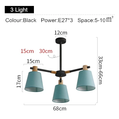 Нордическая E27 люстра, современная деревянная люстра для дома, столовой, гостиной, Подвесная лампа, железные художественные светильники - Цвет абажура: Black 3 light