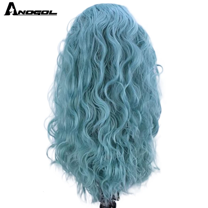 Anogol Mint Green Brand New High Temperature Fiber Water Wave Free Part Hair Long Wigs Synthetic Lace Front Wig For Women