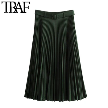 

TRAF Women Chic Fashion Office Wear With Belt Pleated Midi Skirt Vintage High Waist Side Zipper Female Skirts Mujer