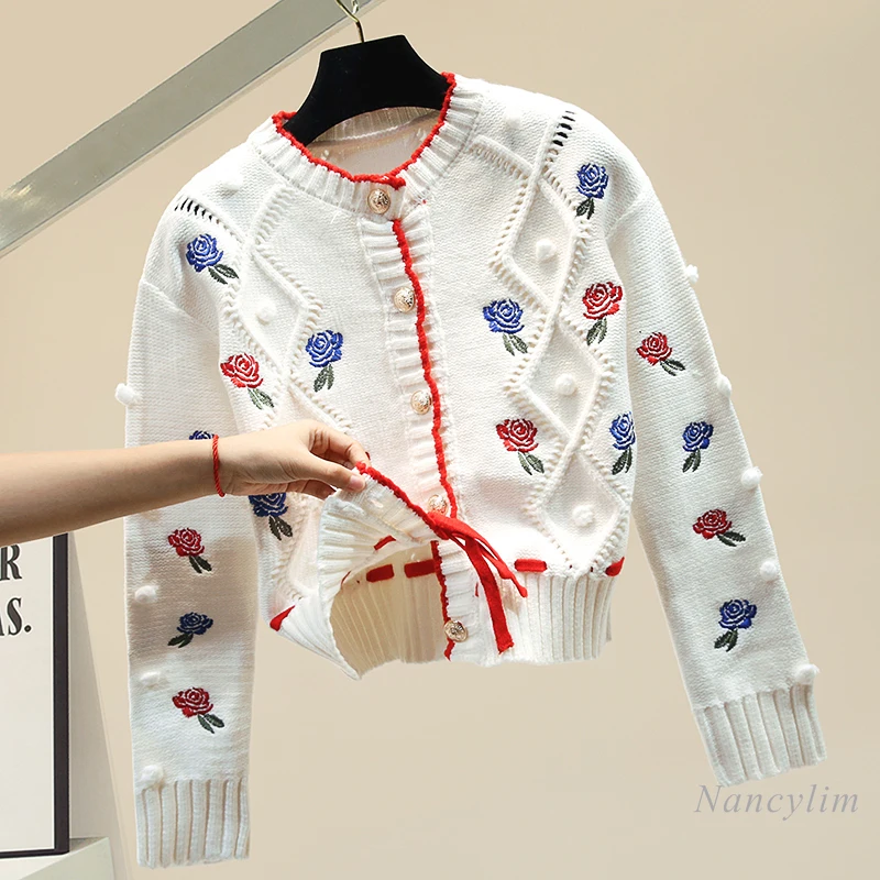 

Cardigan for Women 2020 Autumn Embroidery Rose Knitted Cardigans Sweaters Female Loose Outer Jacket High Quality Jumper