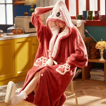 

Robes for Women Flannel Cute Nightgown Cartoon Cardigan Buttons Hooded Sleepwear Thick Warm High Quality Homewear Girl Winter