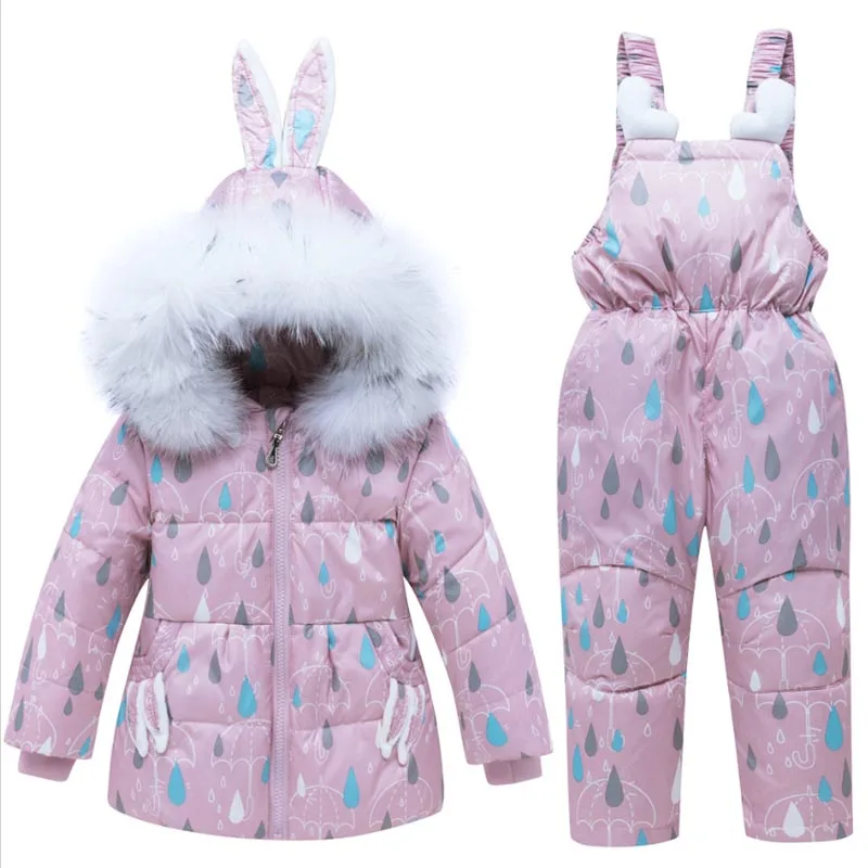 IYEAL/комплект из 2 предметов для маленьких девочек, утепленный зимний костюм с меховыми ушками и капюшоном Куртка-пуховик с теплым нагрудником зимние штаны, комплект одежды для От 1 до 4 лет - Цвет: Розовый