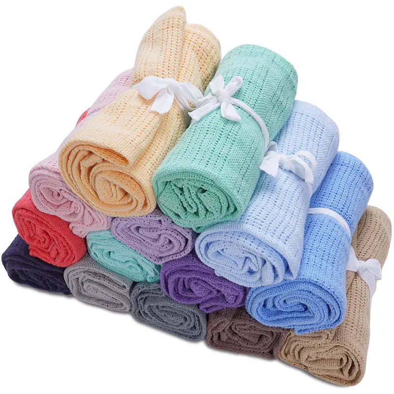 Couvertures cellulaires pour bébé 100% coton | À la mode, couleur unie, lange emmaillotage, mousseline, accessoires serviette de bain, poussette